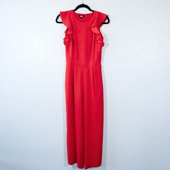 New J. Crew Bright‎ Cerise Red Ruffle Crape Jumpsuit Size 0 - Picture 2 of 13